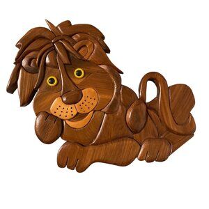 Vintage Wooden Lion Cub Wall Art Handmade Signed Intarsia Wood Animal